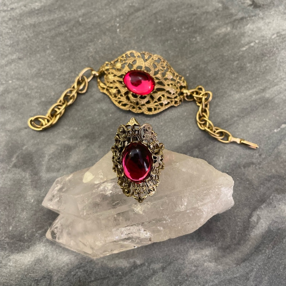 Vintage West Germany Gold Filigree Bracelet Red Glass Ring Set - Picture 9 of 16